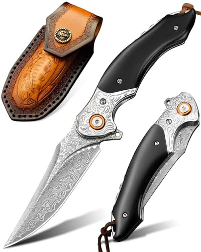 LOTHAR TUNA Couteau de Poche Damas, Couteau Pliant en Acier Damas 67 Couches VG10, Couteau de Poche Aamas Avec lame Tranchante et Manche en bois, Pour Collection ou Cadeau (noir)