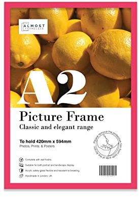 Almost Frameless A2 Bright Pink Picture Frame Fits A2 (42 x 59.4cm - 16.5 x 23.4in) Poster, Photo, Artwork, or Print. Thin Edge Slim Frame Portrait and Landscape Display with Wall Hooks