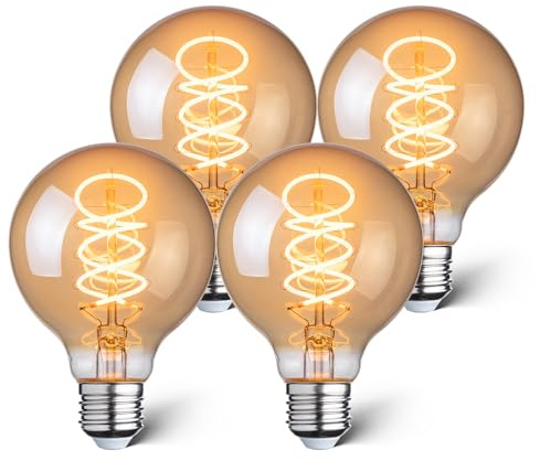 Wesome Lighting LED Edison Vintage Glödlampa E27, 4W 250LM 1800K Retro Belysning, Filamentlampa för Dekorativ Nostalgi & Industriell Design, 4-pack (Bärnstensfärgat, G80)