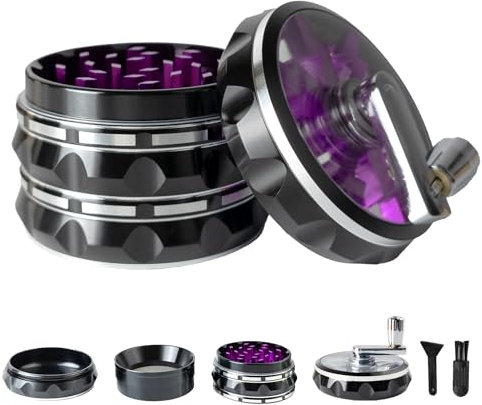 Grinder à herbes en métal transparent de 6,3 cm, grand moulin à épices en alliage d'aluminium avec poignée pliable, grattoir à pollen et brosse de nettoyage (noir/violet)