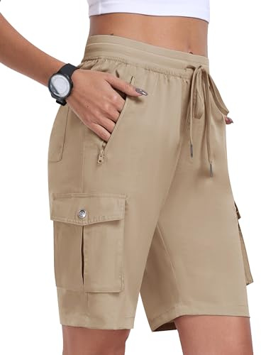 MoFiz Pantalones Cortos Cargo Mujer Bermudas Shorts Cintura Elástica Ligero Secado Rápido Pantalón Cortos de Trekking Senderismo Ocio Trabajo Jogger | Pantalones cortos de senderismo transpirables, de secado rápido, cintura elástica para senderismo, correr, viajes