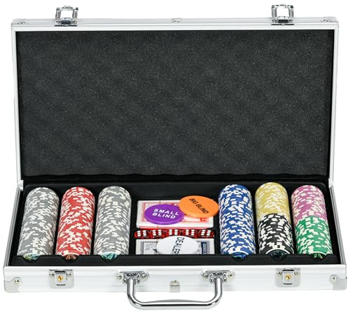 SPORTNOW Pokerset, 300 pokerchips 11,5 gram, pokersats med lås, 2 pokerdäck, 5 tärningar, 1 dealerknapp, 1 Small Blind, 1 Big Blind, Silver