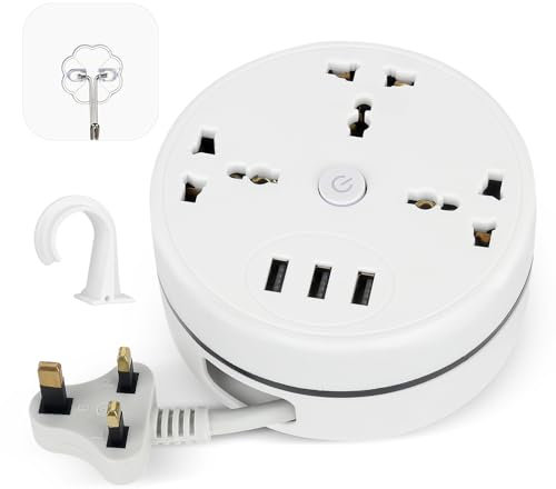 CLIUNT Travel Extension Lead with 3 USB Slots, 2500W 10A, Retractable Extension Lead with 1.8M Extension Cord and 3 Way Outlets, Travels Accessories, Travel Essentials for Cruise Home Outside