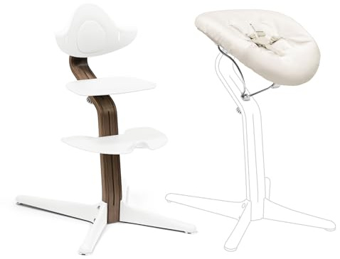 Stokke Nomi Silla (Walnut/White) + Newborn Set (White Grey Sand) - Incluye un Arnés de Seguridad de Cinco Puntos y Un Set de Tela Reversible y Lavable - Soporta hasta 150 kg