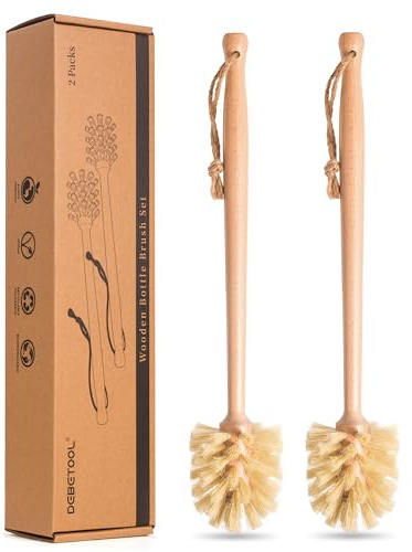 DEBETOOL 2-pack träflaskborste med sisalborst | Långt handtag naturlig flaskrengöring för breda burkar, babyflaskor, vattenflaskor och glas