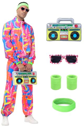 Tosjack 80s Outfit for Men Women,Neon Retro Tracksuit 90s Windbreaker Costume,Hip Hop Party Workout Track Suit Clothing Couples (M)
