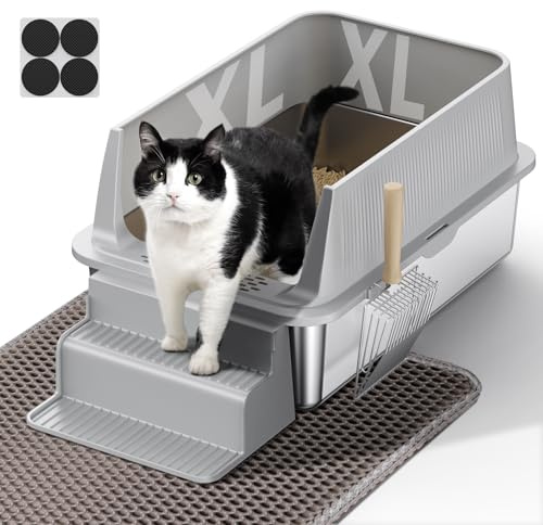 PKBD XL Stainless Steel Cat Litter Tray, 32L Large Litter Box with Detachable Enclosure, Includes XL Mat, Metal Scoop and Filter Pedal for Older Cats and Litter Saving, Suitable for Most Cats