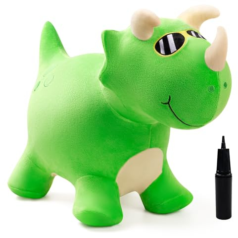 INPODAK Bouncy Animal Hopper Green Dinosaur Hoppers for Kids Ride On Toys | Inflatable Bouncing Horse with Pump Removable Cover Animals Space Hoppers for Kids Age 1-6 Indoor Outdoor Jumping Toys