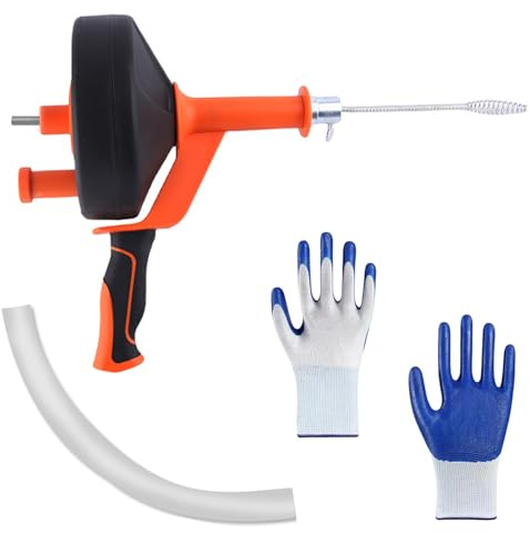 Pipe Cleaning Spiral 10 m, Drain Spiral with Drill Adapter and Gloves, Drain Cleaner Spiral Used for Pipe Blockages, Suitable for Toilet, Sewerage, Bathtub, Kitchen Sink, Sink
