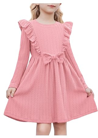 Arshiner Niñas Vestidos Mangas con Volantes Niños Pajarita de Punto Acanalado A-Line Fiesta Otoño Invierno Manga Larga Vestidos para Niñas 7-8 Años Rosa