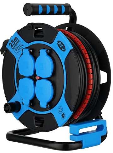 REV Avvolgicavo per esterni, 25 m, con protezione per cavi, 4 prese di contatto, IP44, nero