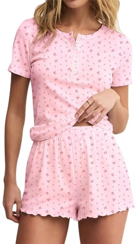 BONITEE Womens 2 Piece Pajama Set Casual Round Neck Tops Summer Lounge Outfit 2026 Trendy PJ Shorts Cute Sets Pink-Pink Flower,S