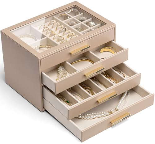 Vlando Joyero grande con 4 niveles, organizador de joyas con tapa de cristal, para collares, pendientes, relojes, pulseras, almacenamiento de joyas, moderno, café con leche