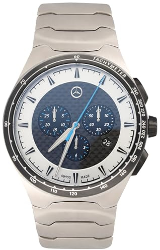 Mercedes-Benz Kronograf för män, motorsportssamling, rostfritt stål/kol, schweizisk kvartsurverk, vattentät 10 ATM, 44 mm, silver/svart/blå