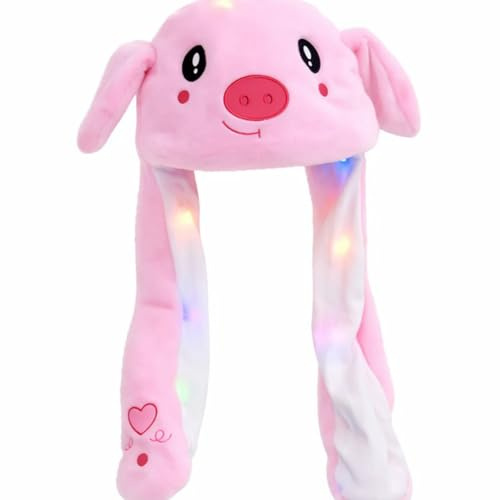 Grion Pink Plush Pig Hat With Light-Up Floppy Ears And Cute Animal Face - Soft Cartoon Headwear For Girls Women As Halloween Christmas Party Festival Costume Accessory And Photo Prop