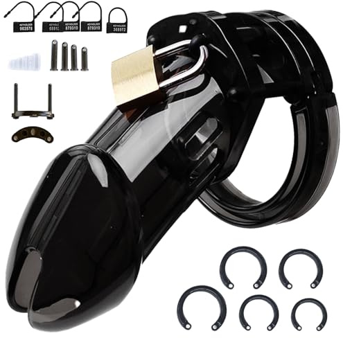 Gabbia peniena con anelli scrotali, gabbia da schiavo sex toy, chastity cage per uomini, cintura di castità sex toy set (Nero, Stile lungo)