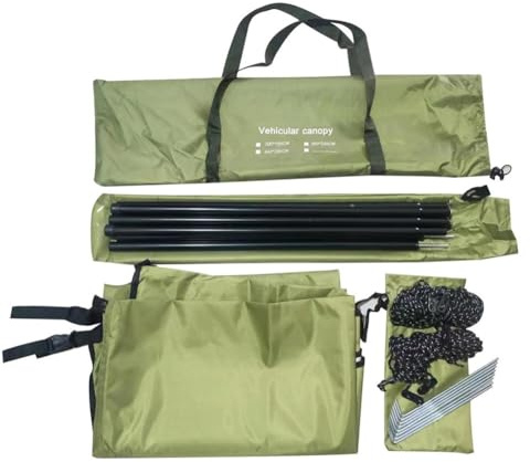 EasyByMall Car Side Awning 300x150cm, 210D Oxford Rooftop Tent Canopy with Adjustable Poles, Waterproof Sun Shelter for Camping Van SUV Off-Road, Army Green