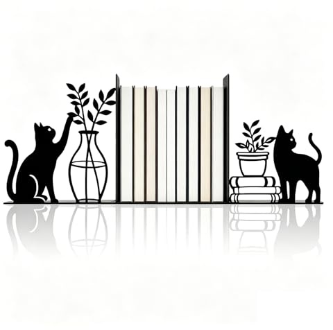 1Coppie Fermalibri in Metallo, Fermalibri per Mensole,Fermalibris a Forma di Gatto,Reggilibri Resistente,Adatto a Scuole, Uffici e Case, Amanti dei Gatti e Libri (Nero)