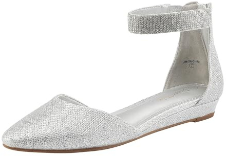 DREAM PAIRS Zapatos Planos cómodos de Vestir para Mujer con cuña Baja, Punta Redonda y Correa en el Tobillo,Size 41,Plata/Brillo,Amiga_Shine