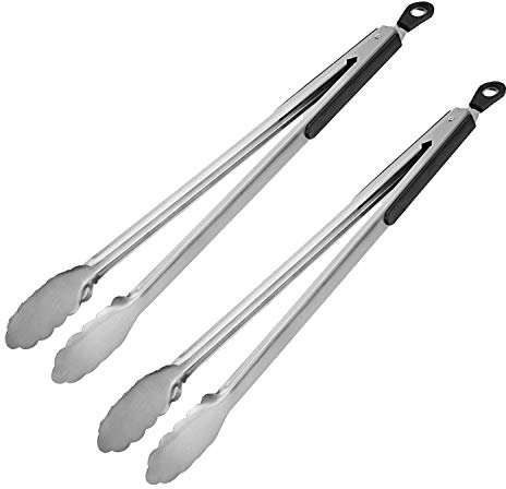 BBQ Tongs, AOOSY 16 Inch Salad Tongs Grill Tongs for Cooking BBQ Extra Long Wide Scalloped Gripping Edge Kitchen Tongs, Set of 2