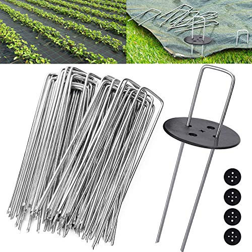 FLONATUR - Grapas para Césped Artificial - 100 Piquetas + 16 Arandelas - Mallas Antihierba - Piquetas Camping Suelo Duro - Clavos Jardín - Anclaje Suelo - Metal - 3mm - 15x3x15cm