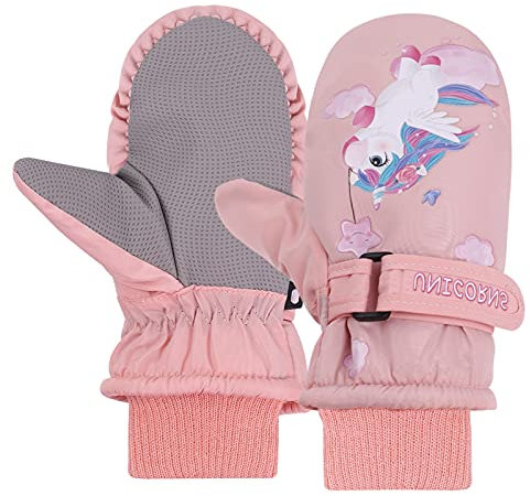 JNUYISW Kinder Skihandschuhe, wasserdichte Fäustlinge Warm Winterhandschuhe Outdoor Winddichte Sport Schnee Handschuhe für 2-10 Jahre Junge Mädchen Laufen Skifahren Snowboard, Einhorn Rosa