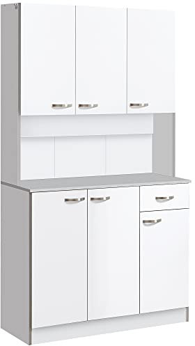 HOMCOM Kitchen Cupboard, Freestanding Kitchen Storage Cabinet with 6 Doors, Drawer, Adjustable Shelves and Open Countertop for Dining Room, White