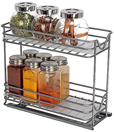 Household Essentials Glidez - Organizer estraibile in acciaio verniciato con rivestimento in plastica, per portaspezie, design a 2 ripiani, adatto per armadi o mensole di dimensioni standard, nichel