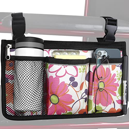 Wheelchair Side Bag, Upgrade Flower Color Wheelchair Armrest Storage Pouch with Cup Holder and Reflective Strip Made with Waterproof Fabric, for Most Wheelchairs, Walkers and Rollators (Pink Floral)
