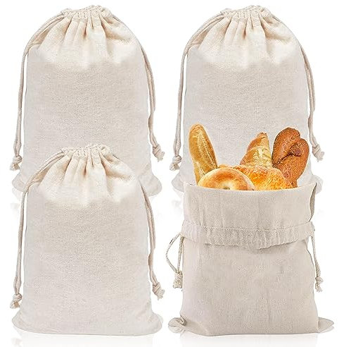 ZIOYA 4 Stück Brotbeutel Leinen Baumwollbeutel mit Kordelzug Leinenbeutel für Alle Brotsorten Backwaren Obst und GemüSe Waschbar und Wiederverwendbar (11.3×15.7 Zoll)
