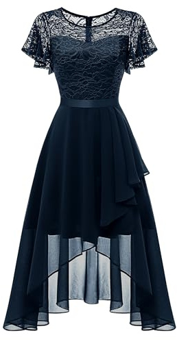 Wedtrend Aftonklänning, Klänningar Dam, Elegant för Bröllop, Hög Log, Cocktailklänning, Chiffongklänning med Spetsar, A-linje, Examensklänning, Midilång, Marinblå, XS