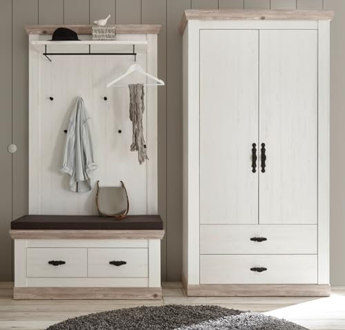 Garderobe in weiß Pinie und Oslo Pinie Landhaus Stil Flurgarderobe Flur Diele Set Kombination 3 teilig mit Schuhschrank, Sitzbank und Garderobenpaneel 224 x 201 cm Rovola (Set 1)