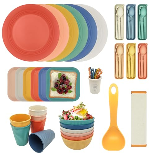 PIXESTT 69PCS Vaisselle Camping, Vaisselle Plastique Reutilisable Pour 6 Personnes Contient Une CuillèRe Et Une Planche à Découper Pliante, Kit Pique Nique 6 Couleurs Est Sans BPA.