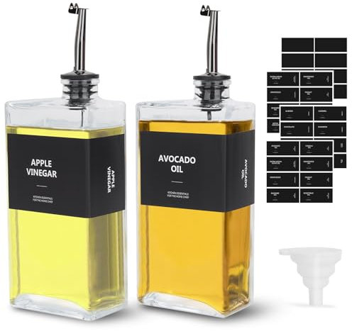 sunal Essig und Ölflaschen Set,Schwarz 2er pack Olivenöl Spender Set,500ml/16,9 oz Glas Ölspender,Olivenöl flaschen,beschwertem Ausgießer und 40 wasserfestem Etikett&Silikon Trichter