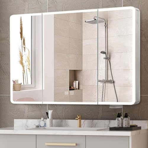 Bathroom Mirror Cabinet with LED Lights, Wall Mounted Cabinets Fully Assembled, 900x700mm Triple Door LED Illuminated Bathroom Mirror Cabinets with Dimmable Illuminated Mirror, Touch Control,Anti-fog