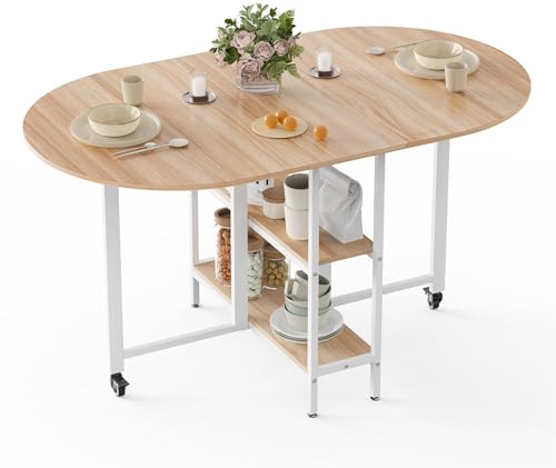Mondeer Mobiler Klappbarer Esstisch, Klapptisch mit 2 Offenen Ablagen, Rundes Kanten Design, Kleine Räume Esszimmer Küche, 140 x 80 x 75 cm, Eiche und Weiß