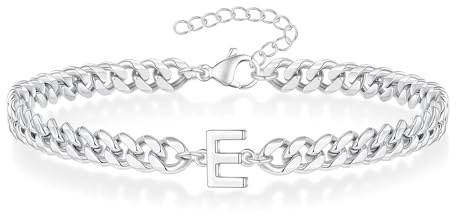 Angelra Silver Initial Cuban Link Chain Bracelets for Men Christmas Gifts - Meaningful Letter Bracelet for Women, Unique Father's Day Gifts for Husband Dad Grandpa Brother Friend (E)