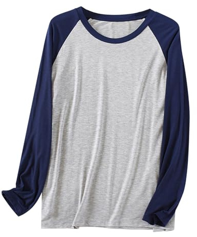 T-shirt en modal à manches longues pour homme – Haut de pyjama ultra doux et léger à col rond confortable à coupe ample unie T-shirt basique décontracté pour la maison et le salon, bleu marine, XXL