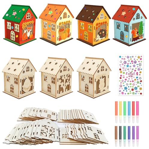 Lot de 7 kits de bricolage d'automne pour enfants, bricolage d'automne avec enfants, maison en bois, peinture et bricolage, décoration d'automne, avec 12 crayons aquarelle et autocollants diamant pour