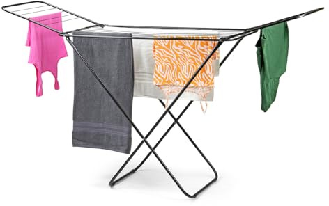 Taylor & Brown Foldable Clothes Airer – Heavy Duty Compact Drying Rack with Wings, Indoor & Outdoor Laundry Clothes Horse, 22 Bar Stainless Steel Drying Stand, Black