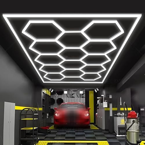 Hexagon LED garage takbelysning, bildetaljering länkbar taklampa LED-butiksbelysning för garage lager verkstad gym basement bilvård tvättrum 14 galler