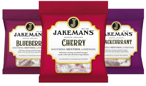 Jakemans Soothing Menthol Lozenges Cough Drops – Blueberry, Cherry & Blackcurrant Flavours – Refreshing Cough Sweets for Dry Cough and Irritated Throat & Chest – Fruit Menthol Drops Variety Pack