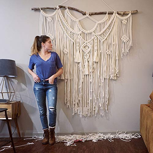 ZNKZJ Colgante de Pared de macramé Grande,Tapiz de Pared de macramé Estilo Boho,Tapicería de Borla Hecha a Mano Algodón Natural Tejido Decoración de Pared Decoración,Beige-145x160cm