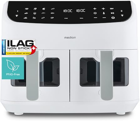 MEDION P20 XXL Friteuse à air chaud à double chambre (8,7 L, Airfryer, 2.600 W, 10 programmes automatiques, 2 tiroirs, fenêtre de contrôle, Dual Cook & Sync Finish) mat