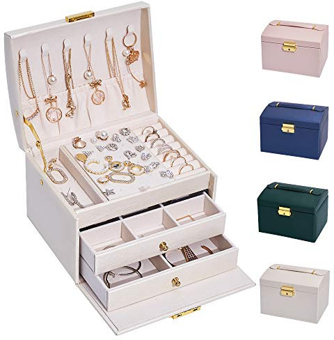 hombrima 3 Layers Travel Jewelry Box, Jewelry Storage Organizer Cases with 2 Drawers and Lock for Women’s Necklace Earrings Rings Bracelet(White)