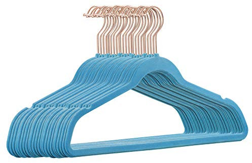 25 Stück hochwertige Samt Kleiderbügel in der Farbe Hellblau mit Rosegold Look Haken/Anti-Rutsch/von StickandShine