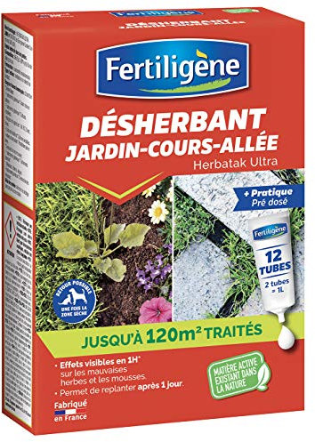 Fertiligène FDESAT12N - Désherbant Tubes Doses Jardin, Cours, Allées Concentré x12 - Détruit Rapidement Les Mauvaises Herbes et Les mousses - Effets Visibles en 1h - 2 Tubes avec 1L d'eau pour 19m²