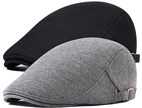 BOTVELA 2 Pack Men Newsboy Cap Cotton Golf Driving Flat Hat (Black/Dark Gray)