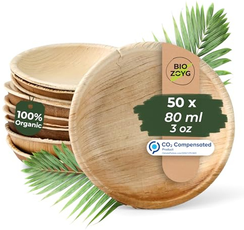 BIOZOYG Palmware Bols snack set I 50 pièces bio bols jetables ronds 80ml, Ø10cm I Vaisselle fête compostable et biodégradable I Feuilles de palmier vaisselle jetable pour fingerfood dips buffet