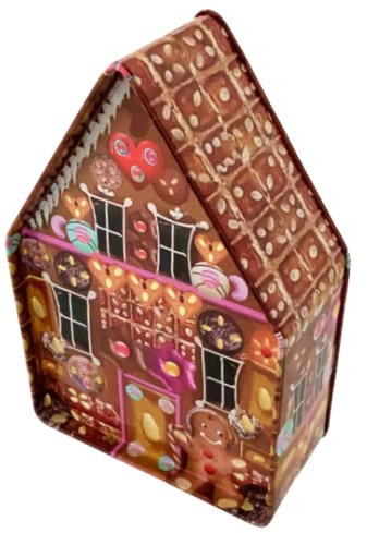 MediMuc Lebkuchenhaus Christmas - weihnachtlich bedruckte Dose mit Spitzdach und Lebkuchenmotiven - lebensmittelecht - Keksdose, Blechdose - Maße: (L x Bx H): 18,0 x 12,0 x 5,8cm